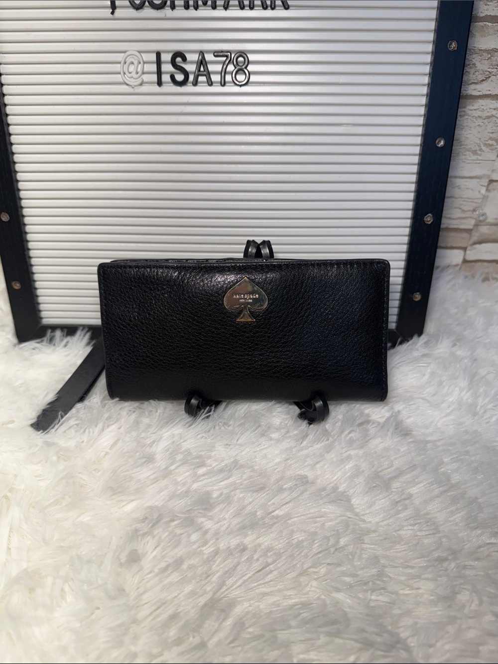 KATE SPADE Black Leather Wallet with Gold Heart Emblem